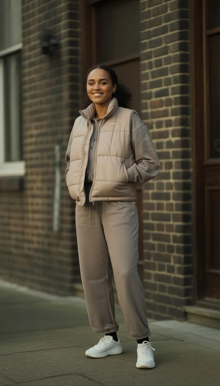 A beautiful 27-year-old woman in a beige puffer vest, matching grey tracksuit, and white sneakers, standing in front of a brick building.