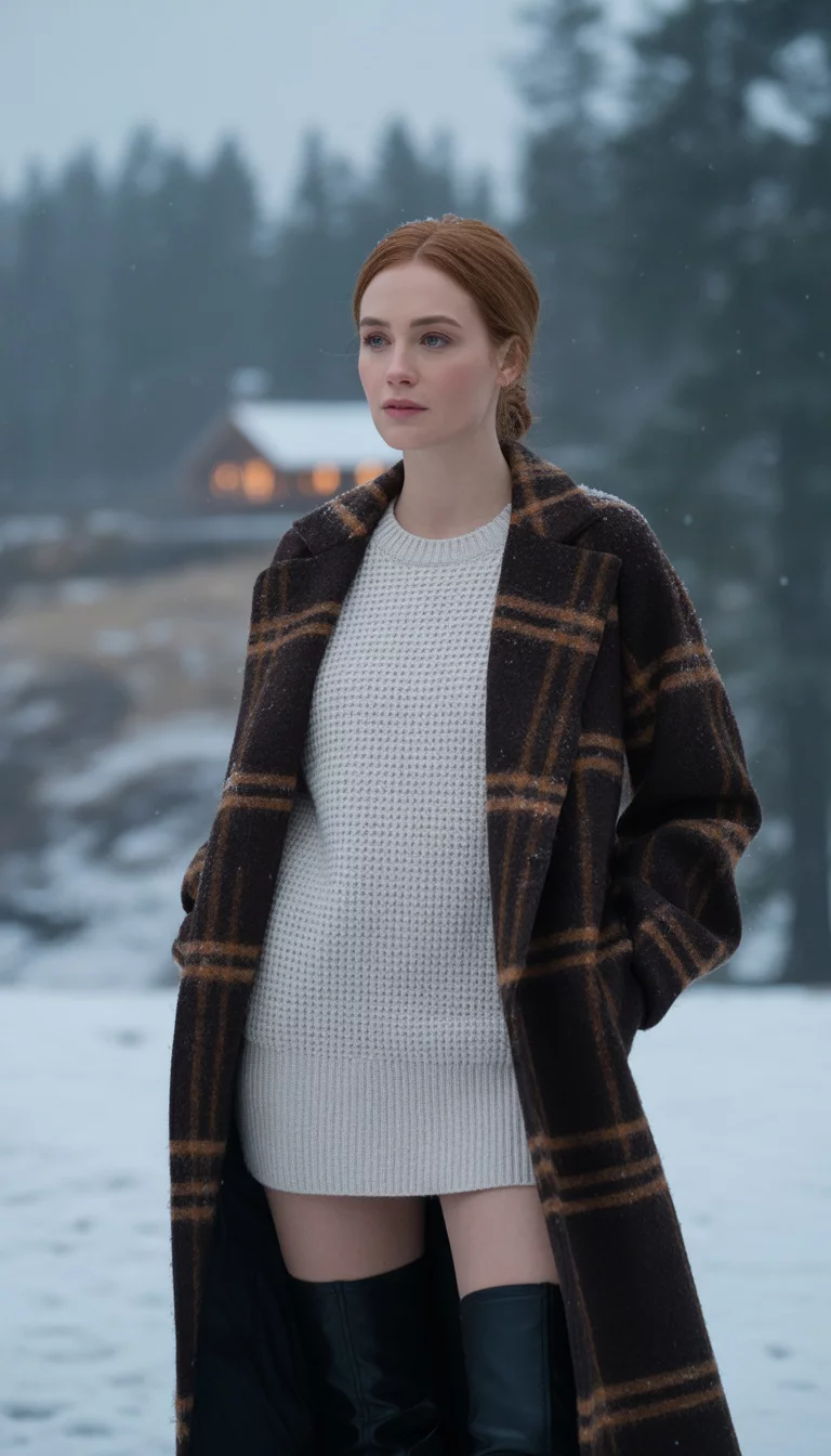 A beautiful 31-year-old woman in a brown plaid coat, white knit sweater, and black over-the-knee boots, in a snowy setting.