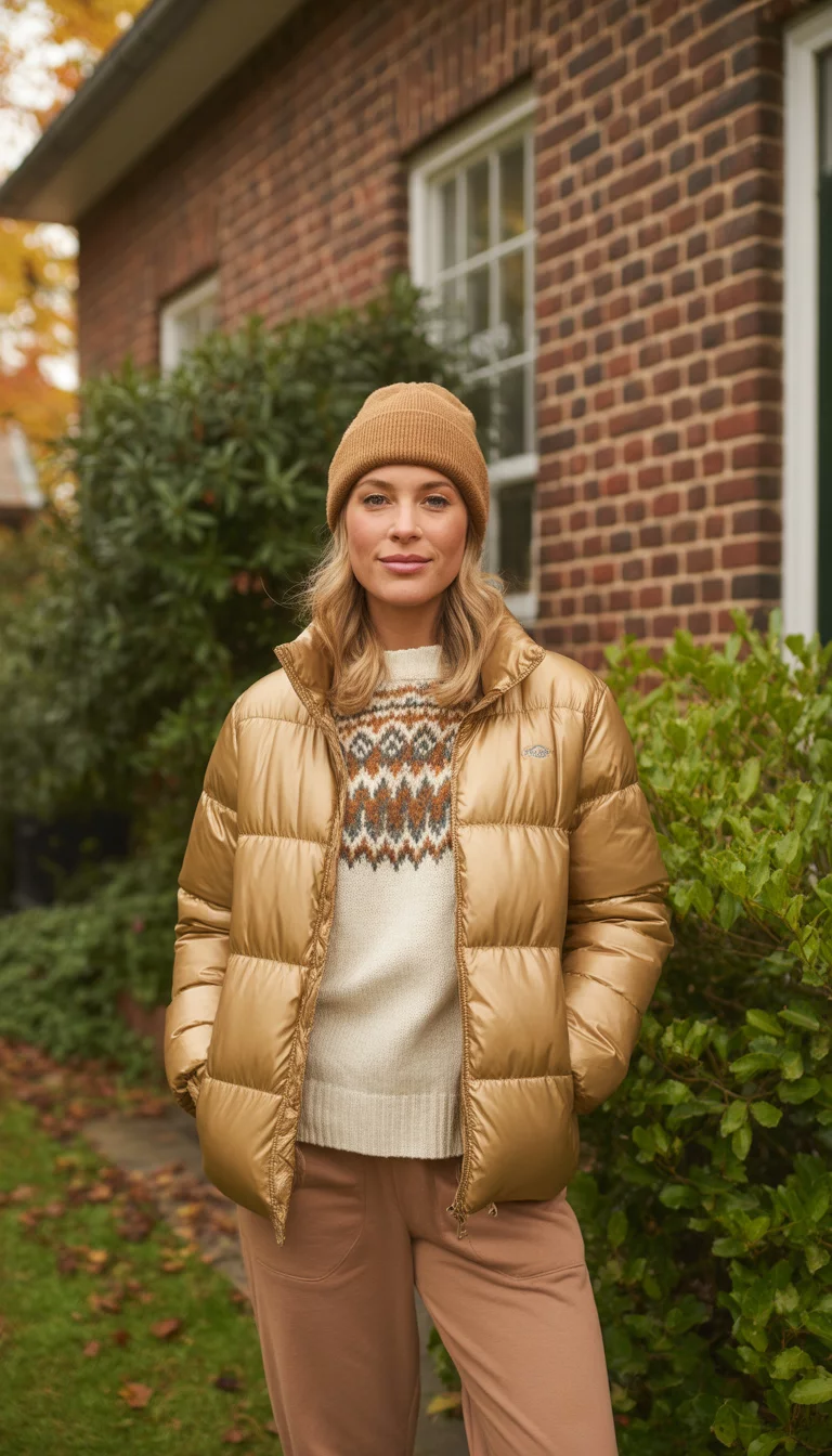 A beautiful 29-year-old woman in a gold puffer jacket, a fair isle sweater, brown jogger pants, and a tan beanie, poses in front of a red brick house.
