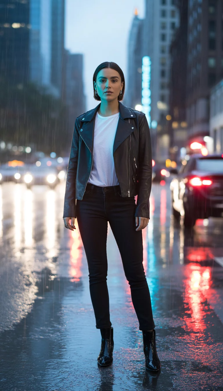 A beautiful 26-year-old woman in a black leather jacket, white t-shirt, skinny black jeans, and black ankle boots, standing in an urban city street.