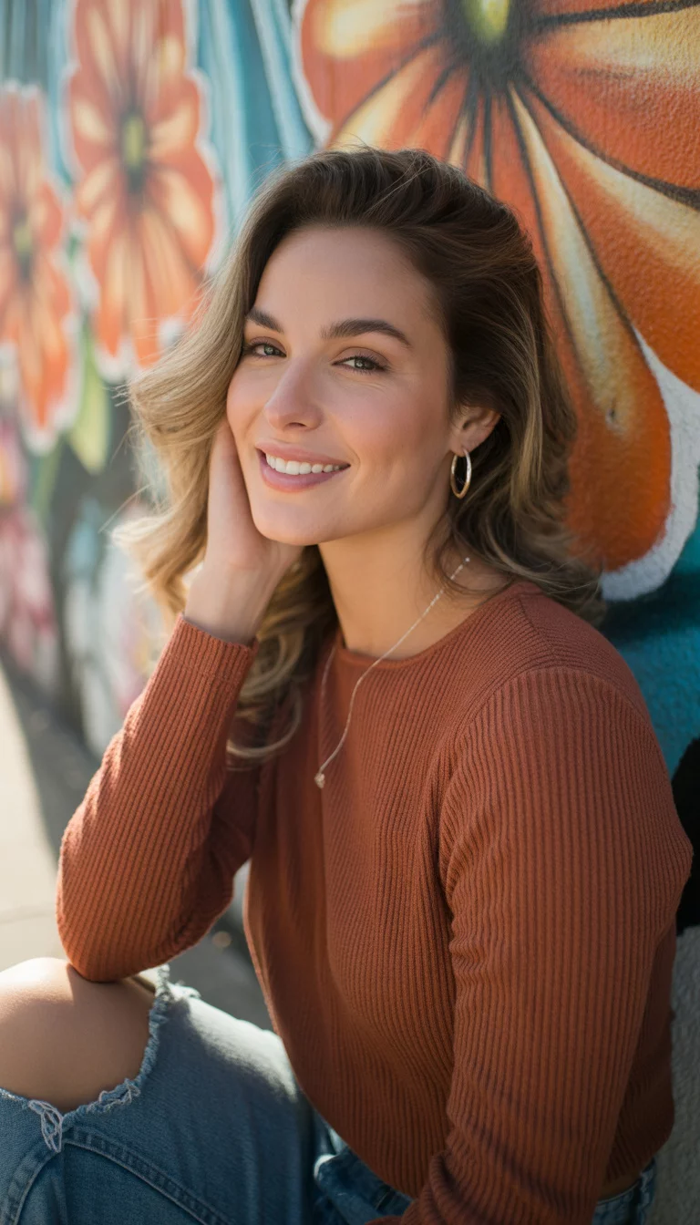 A beautiful 29-year-old woman in a rust-colored ribbed knit sweater and ripped dark wash jeans, smiles against a vibrant orange and blue floral mural.