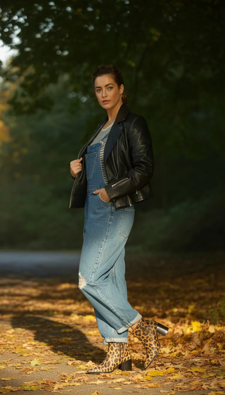 A beautiful 26-year-old woman in a black leather jacket, striped top, denim overalls, and leopard print ankle boots, stands on a leaf-covered path.