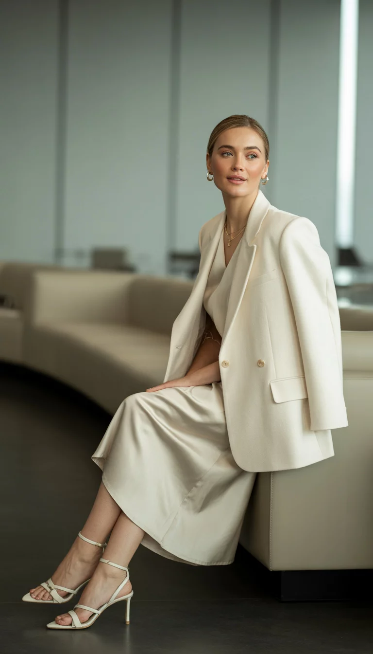 The All-Cream Silk Dream A beautiful 32-year-old woman in a cream wool blazer, a cream silk top, and a cream silk midi skirt, she wears white strappy high heels in a luxe office setting.