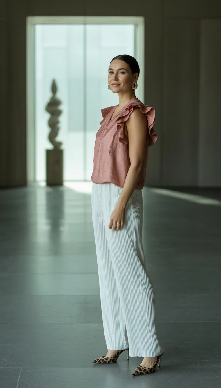 Ruffles and Leopard Accents A beautiful 30-year-old woman in a rose-colored ruffled sleeveless top, white wide-leg pleated pants, and leopard print pointed-toe heels, she stands in a modern minimalist hall.