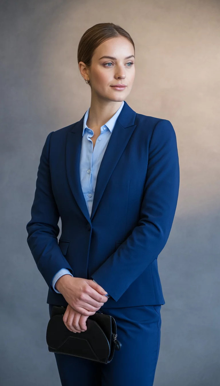 The Ultimate Professional Variety A beautiful 28-year-old woman in a navy blue tailored business suit with a crisp light blue button-down shirt and black leather pumps, she poses against a clean neutral studio background.