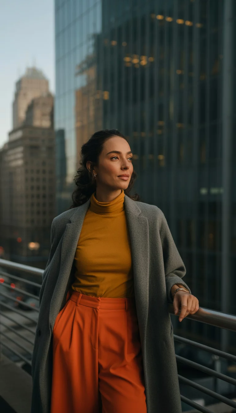 Mustard and Orange Autumn Tones A beautiful 34-year-old woman in a mustard yellow turtleneck, vibrant orange culottes, and a long grey cardigan, she stands near a glass office building in the city.