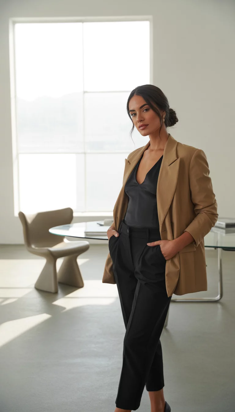 Sophisticated Tan and Black Contrast A beautiful 30-year-old woman in a tan notched-lapel blazer, a black sleeveless top, and black cropped tailored pants, she poses in a sun-drenched minimalist office space.