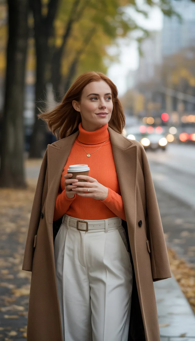 Pumpkin Spice and Belted White A beautiful 30-year-old woman in an orange turtleneck sweater, white belted wide-leg pants, and a tan wool overcoat, she holds a coffee cup on a crisp fall day.