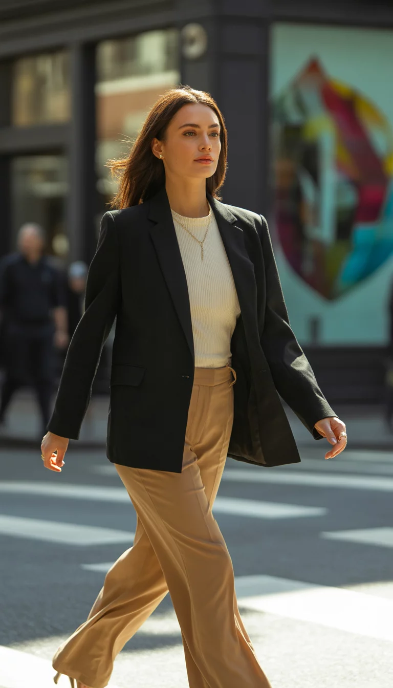 Cream Ribbed Knit and Tan Wide-Legs A beautiful 34-year-old woman in a black structured blazer, a cream ribbed knit top, and tan wide-leg trousers, she walks confidently down a city street.