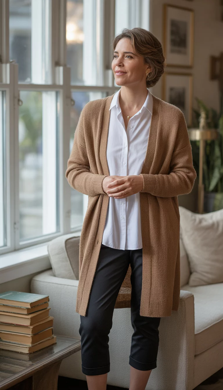 The Long Camel Cardigan Layer A beautiful 36-year-old woman in a long camel knit cardigan, a white button-down shirt, and black capri pants, she stands in a cozy decorated living room.