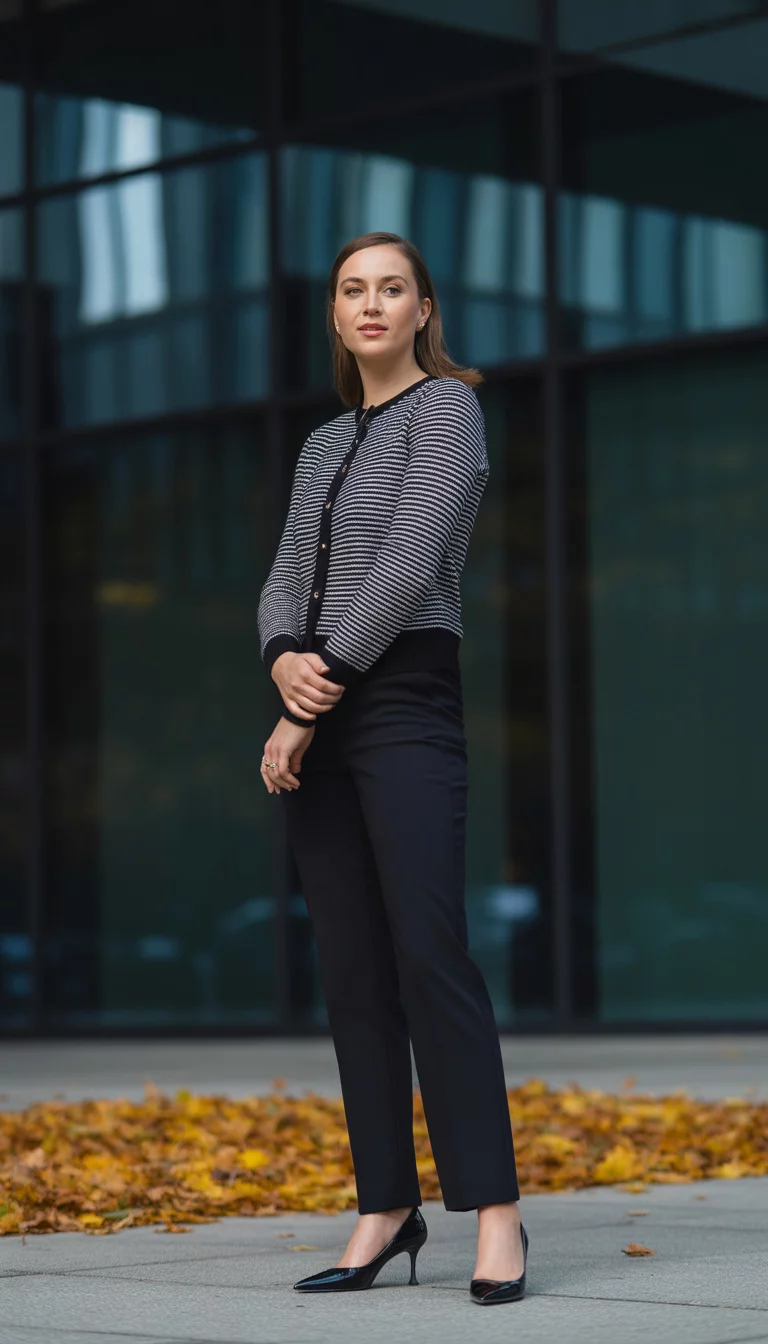 The Essential Striped Cardigan A beautiful 28-year-old woman in a black and white striped knit cardigan, black tailored trousers, and black pointed-toe leather pumps, she stands outside a modern building.