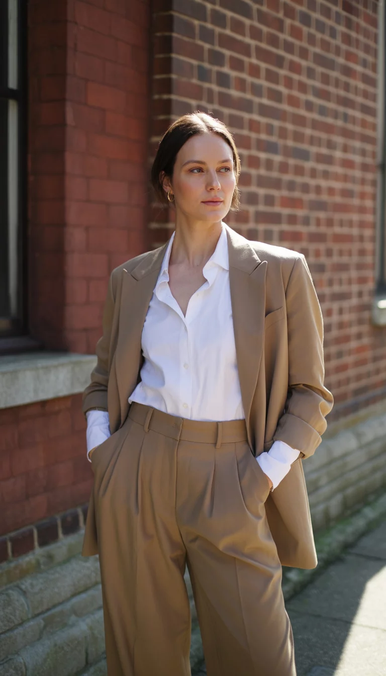 Neutral Tan Suit Power A beautiful 33-year-old woman in a tan oversized blazer, matching tan wide-leg trousers, and a crisp white collared shirt, she stands against a weathered red brick wall.