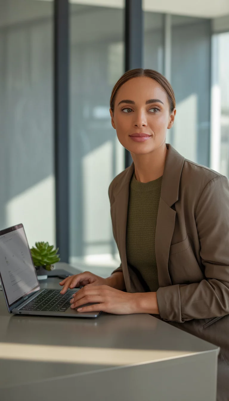 Warm Earth Tones and Olive Accents A beautiful 29-year-old woman in a medium brown blazer over an olive green knit top, she sits at a desk with a laptop in a modern sunlit office.