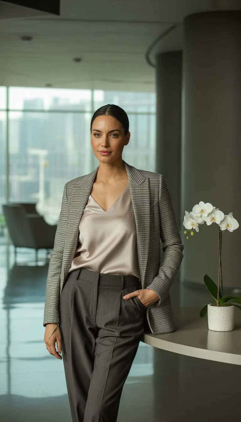 The Neutral Trinity A beautiful 32-year-old woman in a grey checked blazer, a beige silk camisole, and charcoal tailored trousers, she stands in a modern corporate lobby.