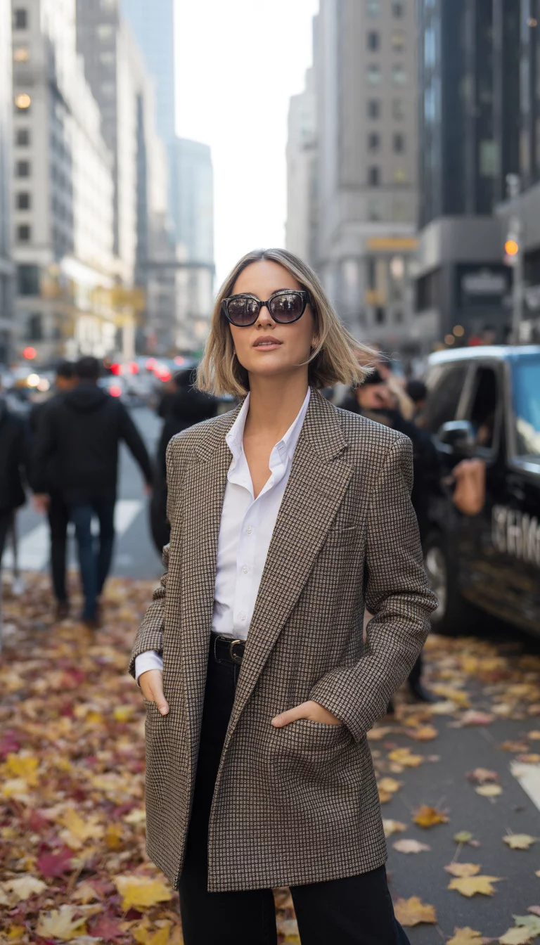 Plaid Power and Bold Accessories A beautiful 35-year-old woman in a brown plaid wool blazer, a white button-up shirt, and oversized black designer sunglasses, she stands on a busy metropolitan street with fall leaves on the ground.