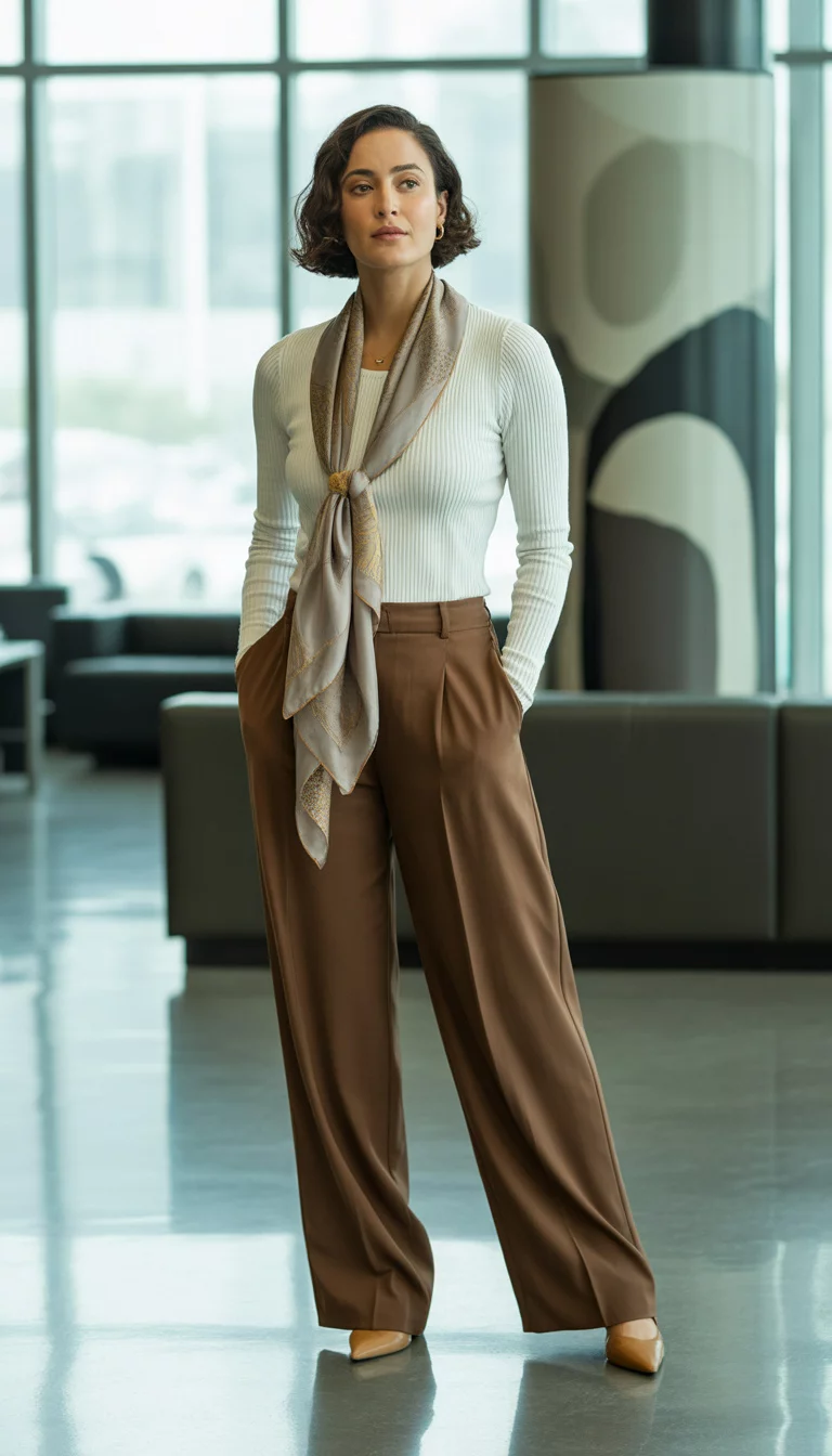 Ribbed Textures and Warm Browns A beautiful 29-year-old woman in a white ribbed long-sleeve top with a silk scarf, brown wide-leg trousers, and tan pointed-toe leather shoes, she stands in a modern lobby.