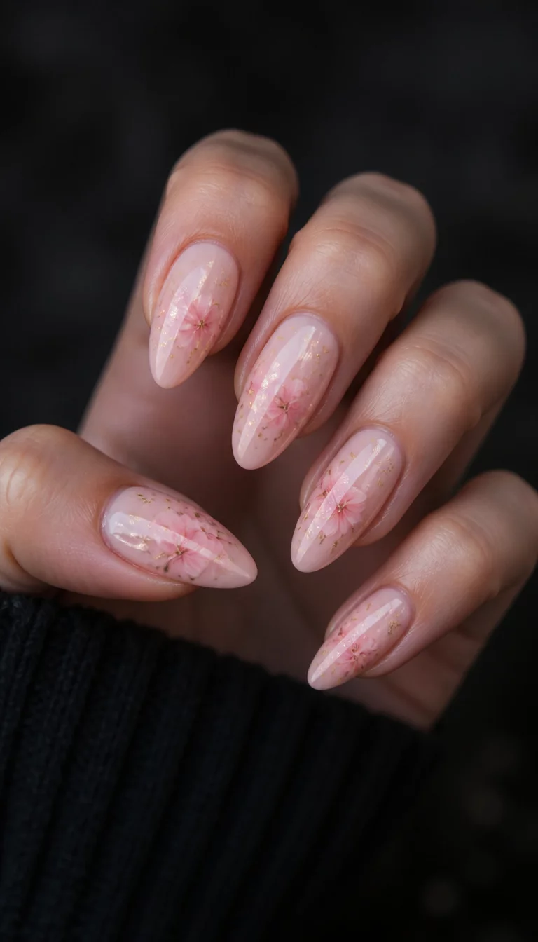close-up shot of a woman’s hand with five fingers showing nails with almond-shaped nails with a pale pink base, delicate pink floral accents, and flecks of gold glitter, dark moody background.