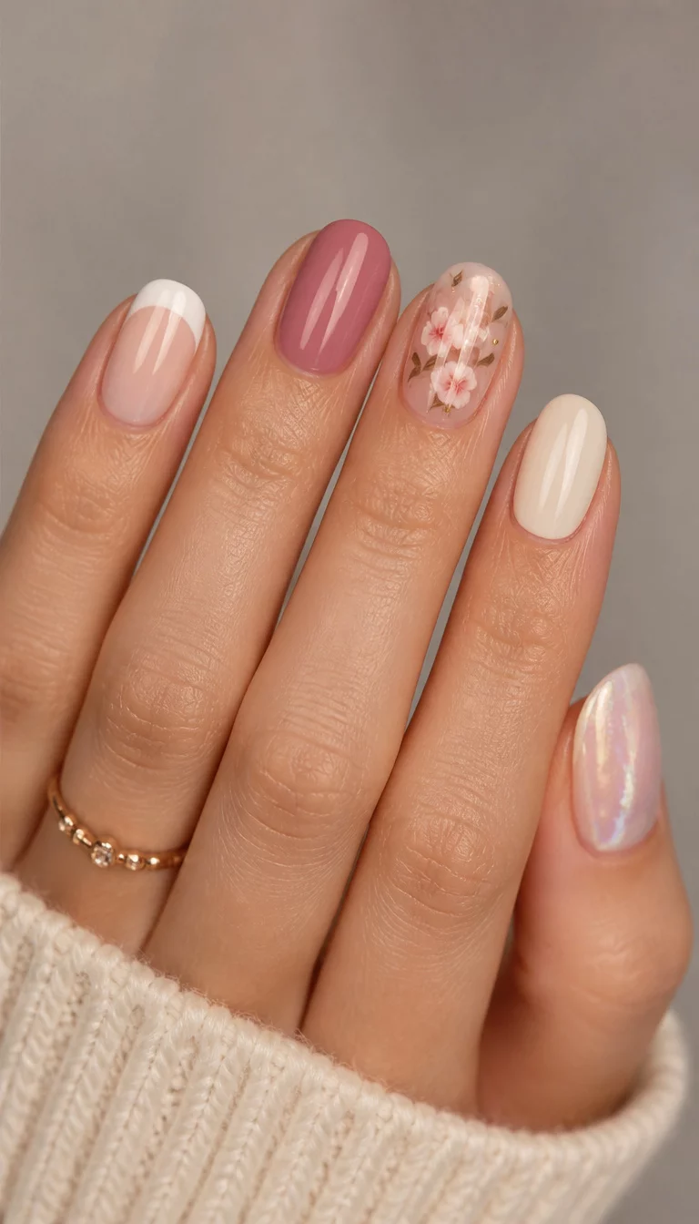 close-up shot of a woman’s hand with five fingers showing nails with a range of nail styles from classic French tips and simple solid colors to intricate floral designs and subtle pearlescent finishes, soft studio lighting.