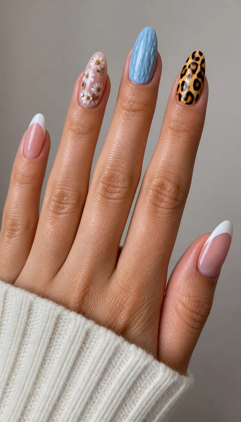 close-up shot of a woman’s hand with five fingers showing nails with almond-shaped nails with classic French tips and floral accents, oval with a light blue textured pattern, and almond-shaped with a yellow and brown animal print design, neutral background.