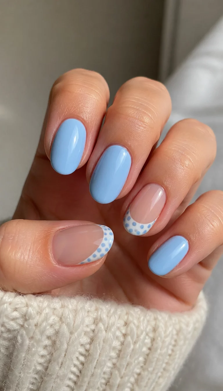close-up shot of a woman’s hand with five fingers showing nails with oval-shaped nails in a soft baby blue with accent nails featuring a sheer white French tip adorned with light blue polka dots, soft natural lighting.