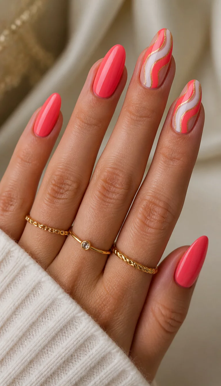 close-up shot of a woman’s hand with five fingers showing nails with oval nails in a vibrant coral color with two accent nails featuring a white wavy pattern and delicate gold rings on fingers, soft lighting.