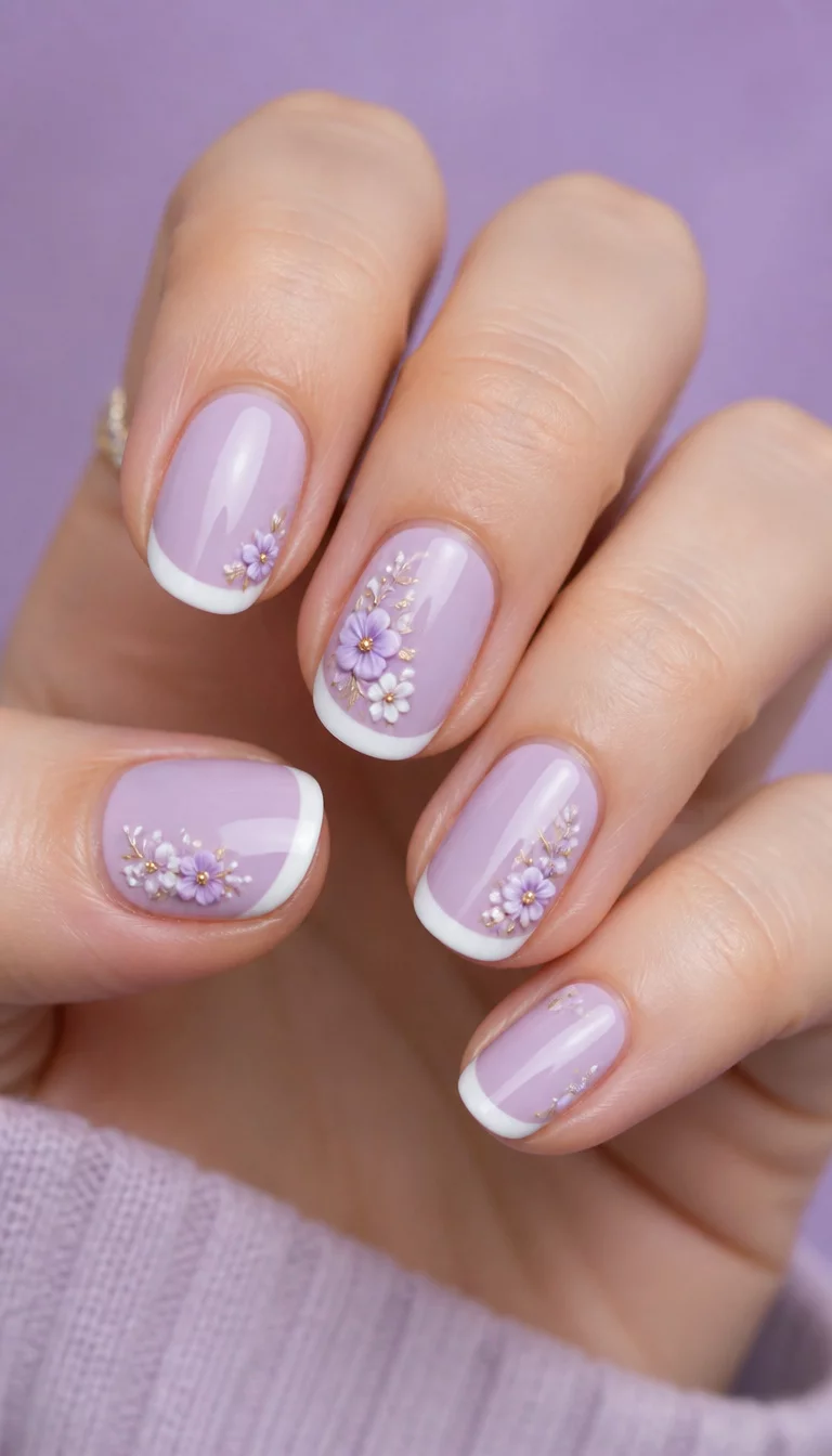 close-up shot of a woman’s hand with five fingers showing nails with classic French tips, short oval nails in a pale lavender hue, and detailed floral embellishments, soft purple background.