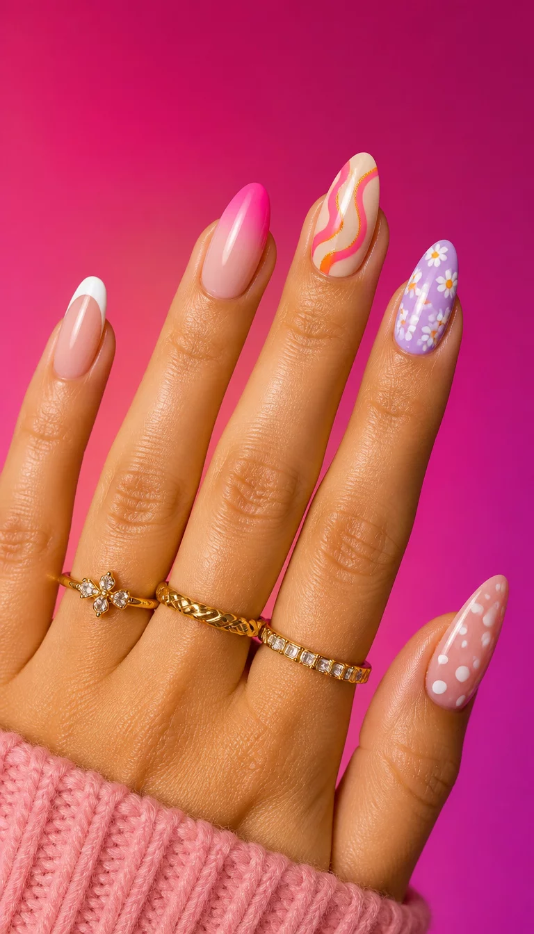 close-up shot of a woman’s hand with five fingers showing nails with a variety of nail shapes and designs including French tips, ombre effects, abstract patterns, floral motifs, and polka dots, vibrant studio background.
