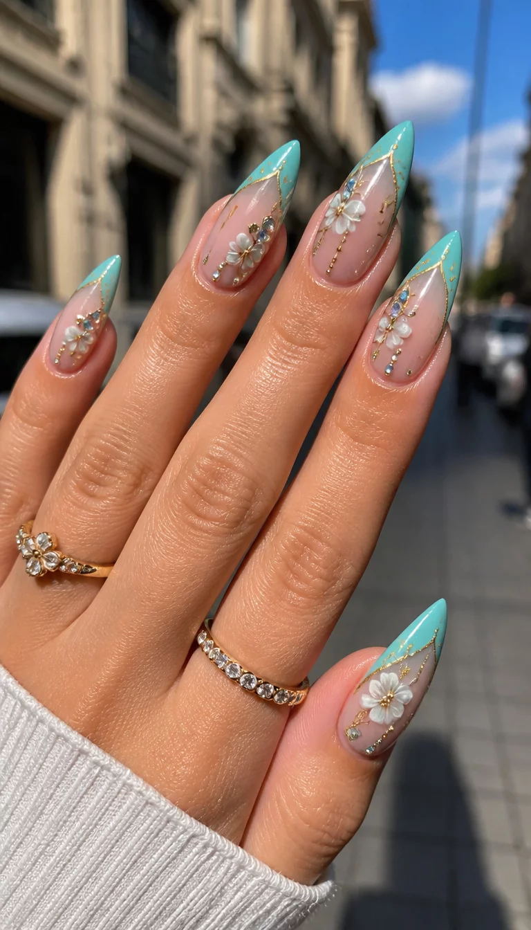 close-up shot of a woman’s hand with five fingers showing nails with stiletto-shaped nails adorned with turquoise tips, floral elements, rhinestones, and gold accents, set against an outdoor urban backdrop.