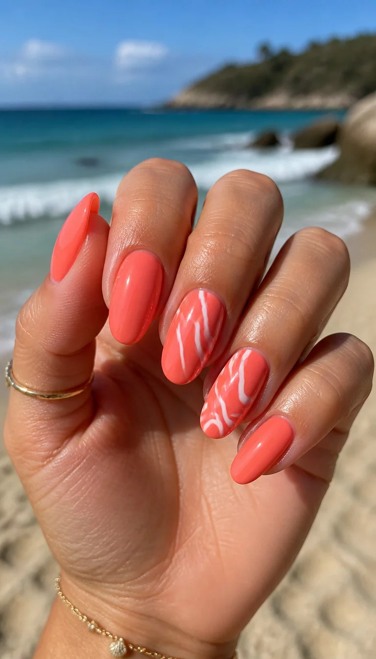 close-up shot of a woman’s hand with five fingers showing nails with oval nails painted in a vibrant coral color with accent nails featuring a white wavy line design, beach scene background.