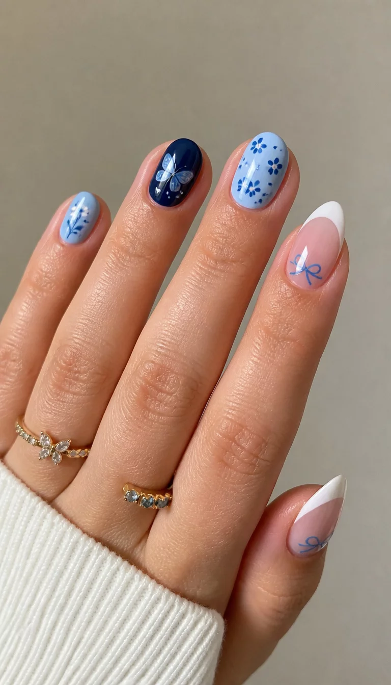 close-up shot of a woman’s hand with five fingers showing nails with short oval nails painted in varying shades of blue with delicate floral and butterfly accents and almond-shaped nails with French tips and small bow designs, neutral background.