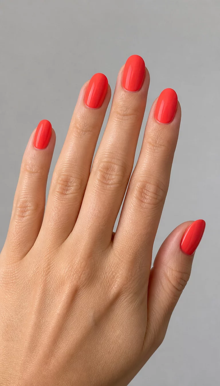 close-up shot of a woman’s hand with five fingers showing nails with oval nails painted a bright uniform coral red, plain light gray surface background.