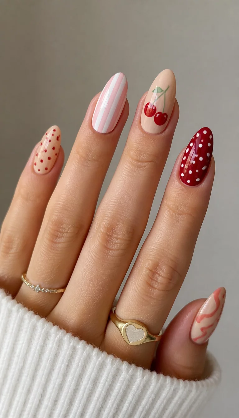 close-up shot of a woman’s hand with five fingers showing nails with trendy almond-shaped nails featuring a playful mix of designs including cherries, stripes, polka dots, and abstract patterns, neutral background.