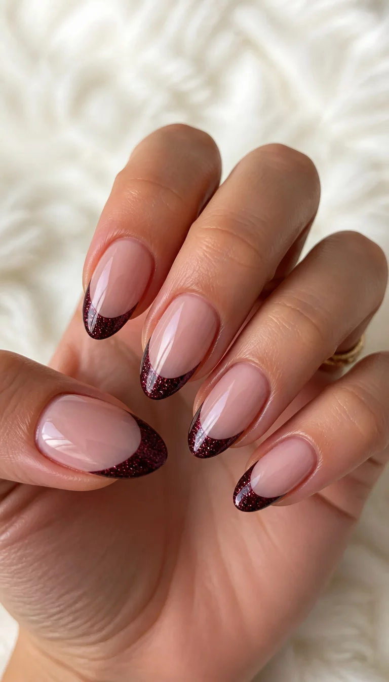 close-up shot of a woman’s hand with five fingers showing nails with almond-shaped nails featuring a deep burgundy glitter French tip design, soft blurred white texture background.