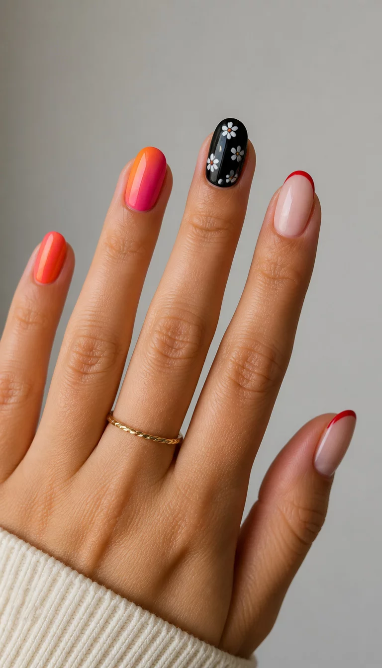 close-up shot of a woman’s hand with five fingers showing nails with a gradient of pink and orange on the left, black with small white flowers in the middle, and thin red French tips on the right, minimalist background.