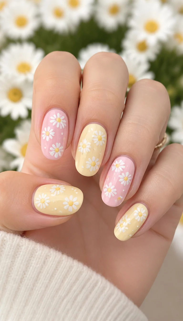 close-up shot of a woman’s hand with five fingers showing nails with light pink and pale yellow oval nails decorated with tiny white and yellow daisies, soft blurred background of daisies.