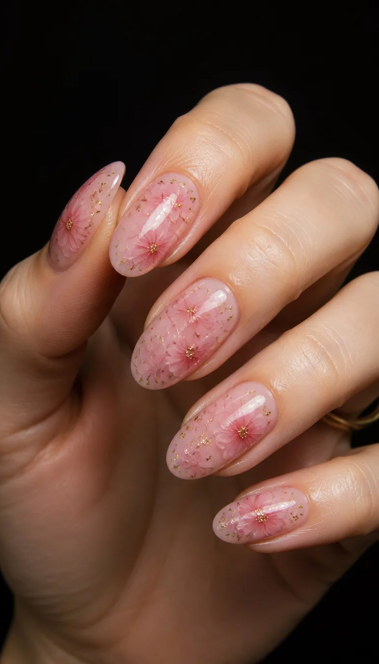 close-up shot of a woman’s hand with five fingers showing nails with oval nails featuring a sheer pink base with delicate transparent pink floral designs and small gold flakes, dark background.