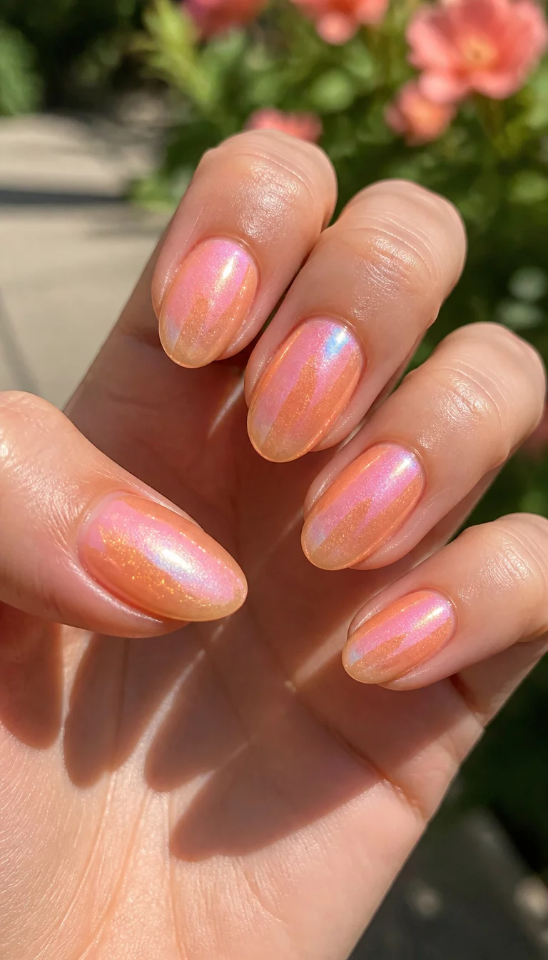 close-up shot of a woman’s hand with five fingers showing nails with oval-shaped nails showcasing a shimmering, iridescent finish in shades of peach and orange, reflecting hints of pink and blue, sunlit outdoor background.