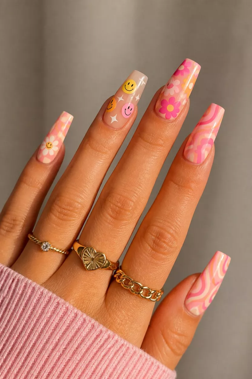 Retro Groovy Coffin Tips close-up shot of a woman’s hand with five fingers showing nails with long coffin-shaped artificial nails displaying 60s-inspired smiley faces, pink swirls, and floral graphics, with gold rings.