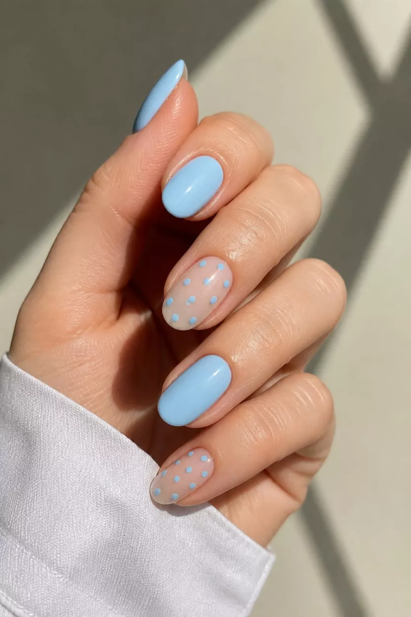 Baby Blue Polka Dots close-up shot of a woman’s hand with five fingers showing nails with medium oval-shaped nails in baby blue solid color and sheer bases adorned with small bright blue polka dots, in a sunny setting.