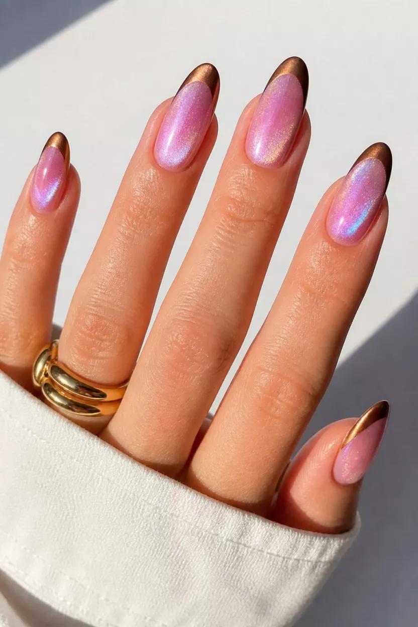 Iridescent Magnetic Magic close-up shot of a woman’s hand with five fingers showing nails with long almond-shaped nails with iridescent pink magnetic cat-eye polish and metallic bronze French tips, against a bright background.