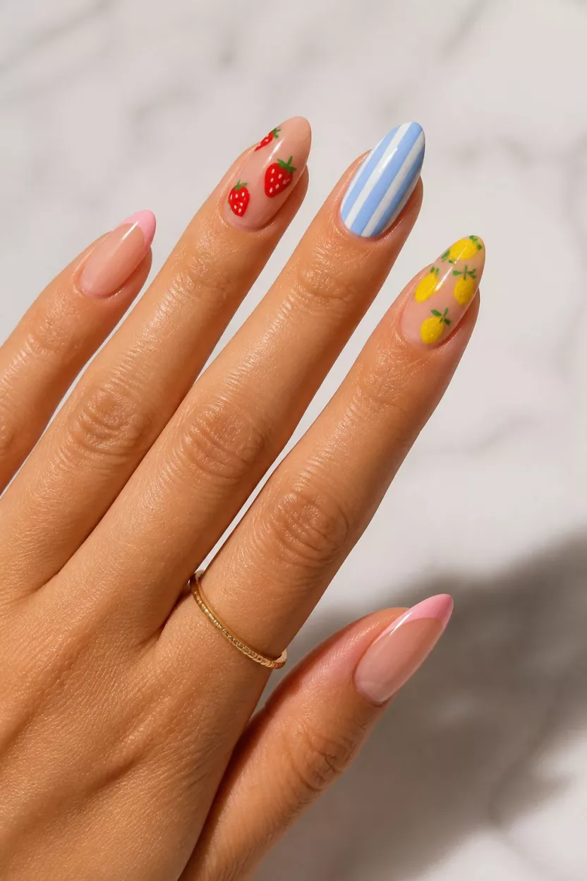 The Fruit Salad French close-up shot of a woman’s hand with five fingers showing nails with almond-shaped nails with a sheer nude base, fruit designs like strawberries and lemons, blue stripes, and pink French tips, over a light surface.