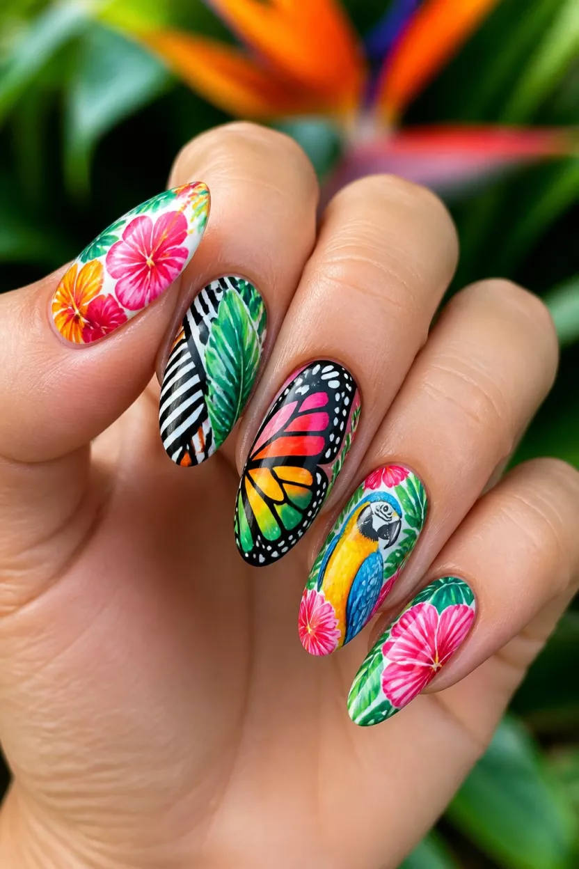 Tropical Abstract Explosion close-up shot of a woman’s hand with five fingers showing nails with long nails featuring tropical florals, graphic stripes, butterfly wings, and parrot patterns in bright colors.