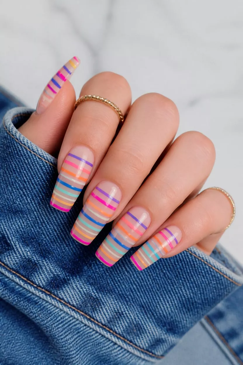 The Multi Colored Horizon close-up shot of a woman’s hand with five fingers showing nails with long square-shaped artificial nails featuring a vibrant, multi-colored horizontal stripe pattern over a sheer base, set against a light-colored surface and denim clothing.
