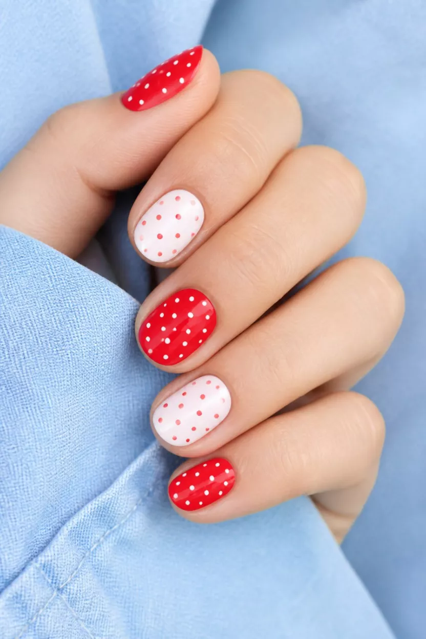 Primary Polka Dot Play close-up shot of a woman’s hand with five fingers showing nails with short oval nails with alternating bright red polish with white dots and white polish with red dots, near light blue fabric.