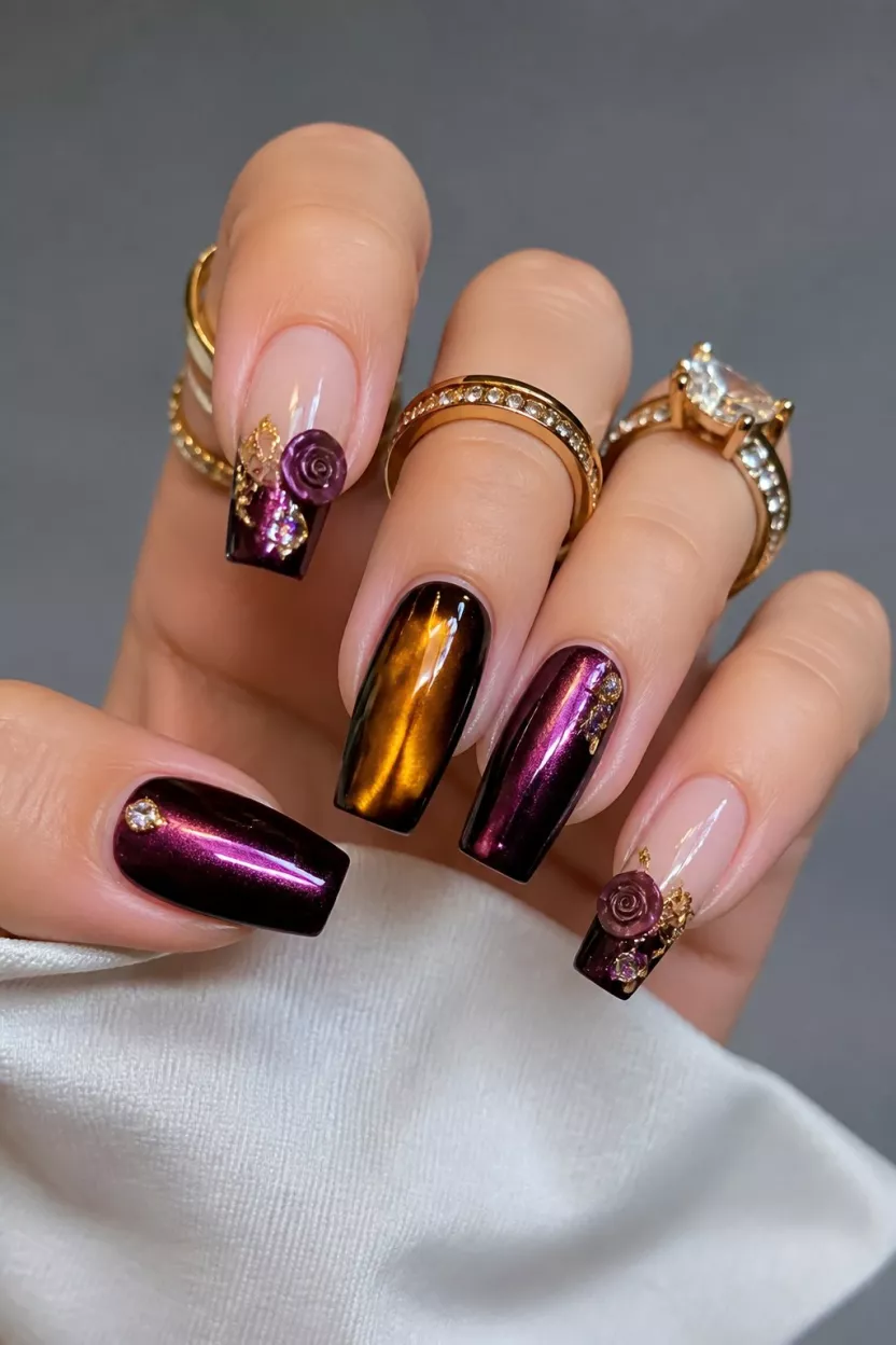 Metals And Petals close-up shot of a woman’s hand with five fingers showing nails with deep metallic purple, amber cat-eye, and French tips with 3D roses, featuring rings.