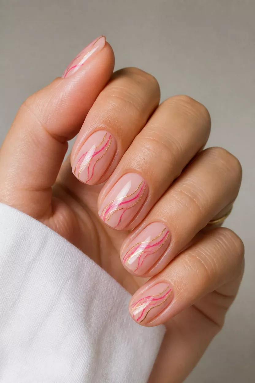 Delicate Ribbon Art close-up shot of a woman’s hand with five fingers showing nails with natural to short oval-shaped nails with a sheer nude base and thin abstract designs resembling colored ribbons in pink and gold.