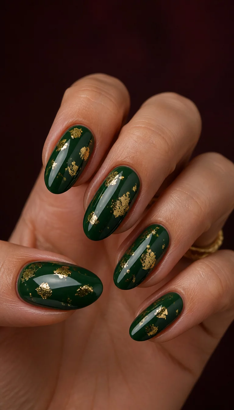 close-up shot of a woman’s hand with five fingers showing almond-shaped nails in a rich forest green, adorned with scattered gold foil fragments, dark mahogany background.