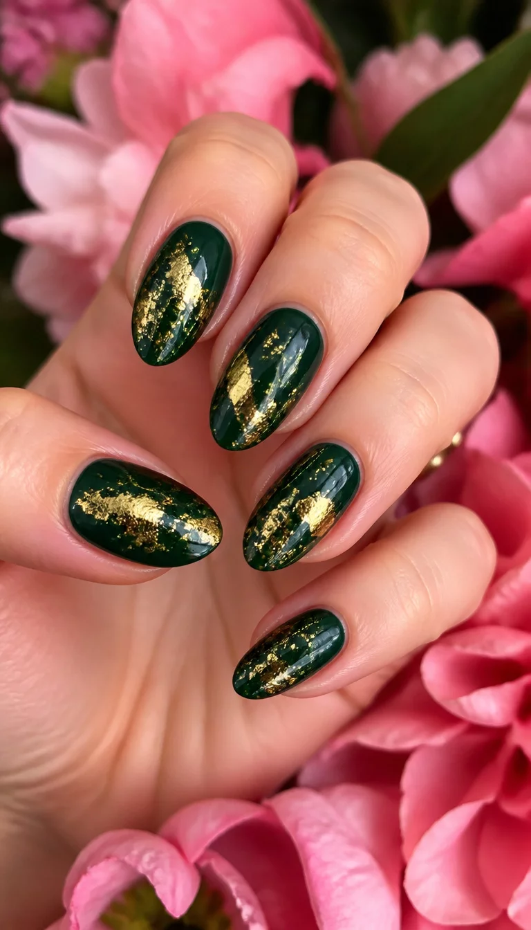 close-up shot of a woman’s hand with five fingers showing dark green, oval-shaped nails with metallic gold leaf accents, pink flower background.