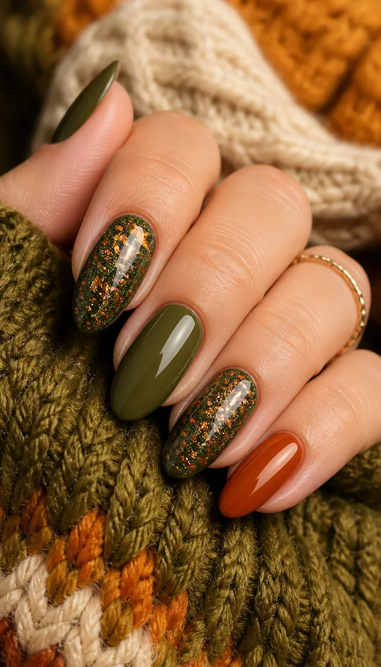 close-up shot of a woman’s hand with five fingers showing almond-shaped nails in alternating shades of olive and sparkling green with orange flakes, and a burnt orange nail, cozy knit background.