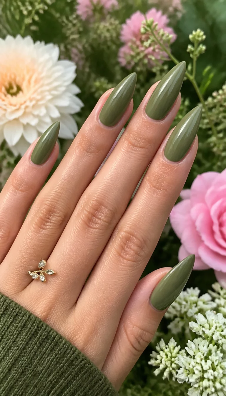 close-up shot of a woman’s hand with five fingers showing stiletto nails in a solid, muted olive green, displayed against a backdrop of lush flowers, soft focus garden background.